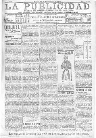'La publicidad  : diario de avisos noticias y telegramas. Eco fiel de la opinión y verdadero defensor de los intereses morales y materiales de Granada y su provincia' - Año XX Número 5145  - 1900 Septiembre 27