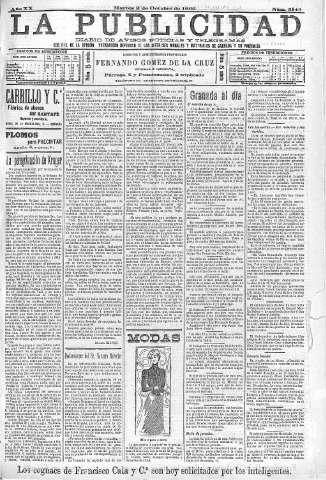 'La publicidad  : diario de avisos noticias y telegramas. Eco fiel de la opinión y verdadero defensor de los intereses morales y materiales de Granada y su provincia' - Año XX Número 5149  - 1900 Octubre 02