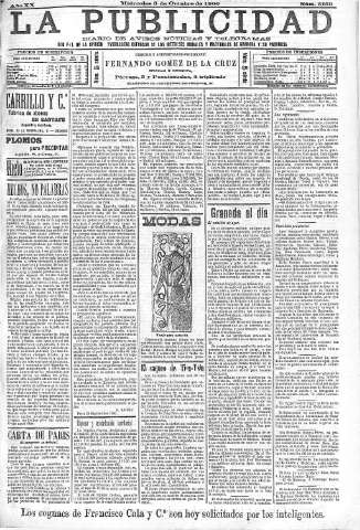 'La publicidad  : diario de avisos noticias y telegramas. Eco fiel de la opinión y verdadero defensor de los intereses morales y materiales de Granada y su provincia' - Año XX Número 5150  - 1900 Octubre 03