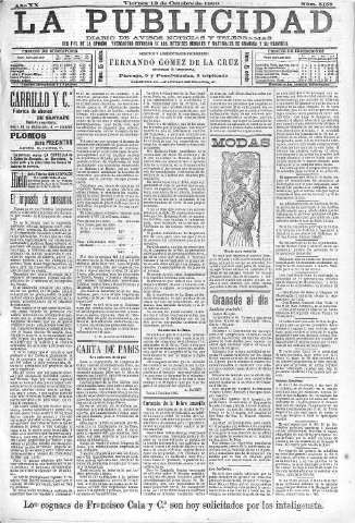 'La publicidad  : diario de avisos noticias y telegramas. Eco fiel de la opinión y verdadero defensor de los intereses morales y materiales de Granada y su provincia' - Año XX Número 5158  - 1900 Octubre 12
