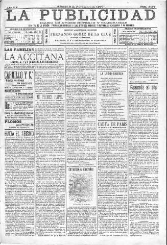 'La publicidad  : diario de avisos noticias y telegramas. Eco fiel de la opinión y verdadero defensor de los intereses morales y materiales de Granada y su provincia' - Año XX Número 5177  - 1900 Noviembre 03