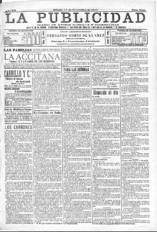 'La publicidad  : diario de avisos noticias y telegramas. Eco fiel de la opinión y verdadero defensor de los intereses morales y materiales de Granada y su provincia' - Año XX Número 5189  - 1900 Noviembre 17