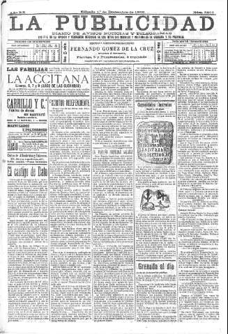 'La publicidad  : diario de avisos noticias y telegramas. Eco fiel de la opinión y verdadero defensor de los intereses morales y materiales de Granada y su provincia' - Año XX Número 5201  - 1900 Diciembre 01