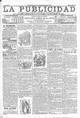 'La publicidad  : diario de avisos noticias y telegramas. Eco fiel de la opinión y verdadero defensor de los intereses morales y materiales de Granada y su provincia' - Año XX Número 5210  - 1900 Diciembre 12