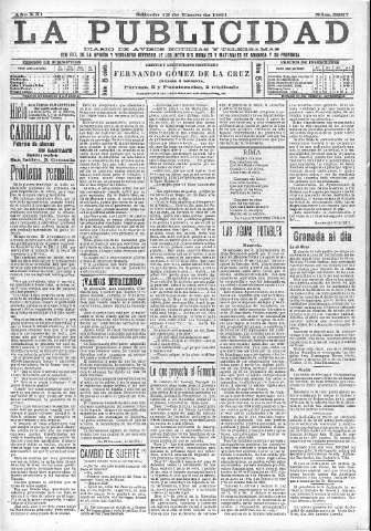 'La publicidad  : diario de avisos noticias y telegramas. Eco fiel de la opinión y verdadero defensor de los intereses morales y materiales de Granada y su provincia' - Año XXI Número 5237  - 1901 Enero 12