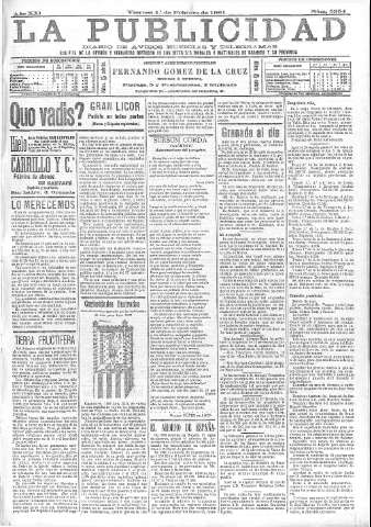'La publicidad  : diario de avisos noticias y telegramas. Eco fiel de la opinión y verdadero defensor de los intereses morales y materiales de Granada y su provincia' - Año XXI Número 5254  - 1901 Febrero 01