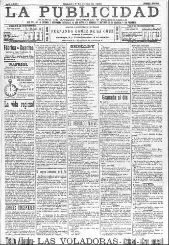 'La publicidad  : diario de avisos noticias y telegramas. Eco fiel de la opinión y verdadero defensor de los intereses morales y materiales de Granada y su provincia' - Año XXI Número 5356  - 1901 Junio 08