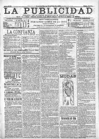 'La publicidad  : diario de avisos noticias y telegramas. Eco fiel de la opinión y verdadero defensor de los intereses morales y materiales de Granada y su provincia' - Año XXI Número 5474  - 1901 Octubre 24