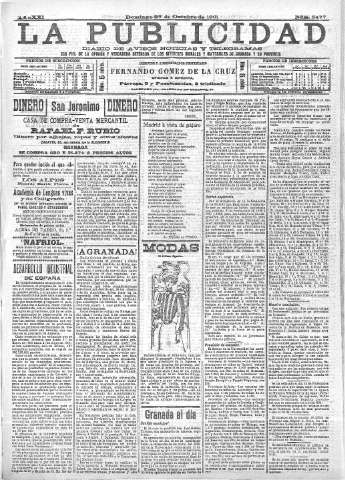 'La publicidad  : diario de avisos noticias y telegramas. Eco fiel de la opinión y verdadero defensor de los intereses morales y materiales de Granada y su provincia' - Año XXI Número 5477  - 1901 Octubre 27