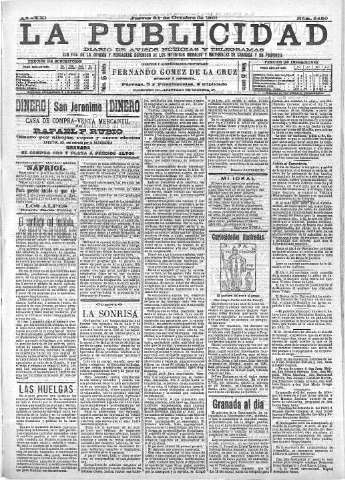 'La publicidad  : diario de avisos noticias y telegramas. Eco fiel de la opinión y verdadero defensor de los intereses morales y materiales de Granada y su provincia' - Año XXI Número 5480  - 1901 Octubre 31