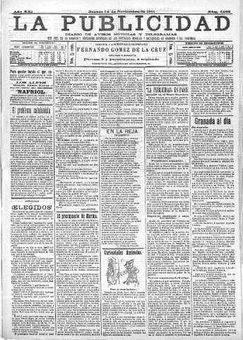 'La publicidad  : diario de avisos noticias y telegramas. Eco fiel de la opinión y verdadero defensor de los intereses morales y materiales de Granada y su provincia' - Año XXI Número 5492  - 1901 Noviembre 14