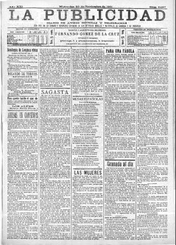 'La publicidad  : diario de avisos noticias y telegramas. Eco fiel de la opinión y verdadero defensor de los intereses morales y materiales de Granada y su provincia' - Año XXI Número 5497  - 1901 Noviembre 20