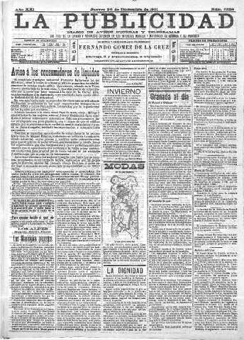 'La publicidad  : diario de avisos noticias y telegramas. Eco fiel de la opinión y verdadero defensor de los intereses morales y materiales de Granada y su provincia' - Año XXI Número 5528  - 1901 Diciembre 26