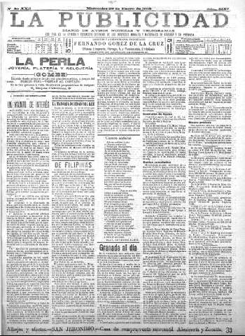 'La publicidad  : diario de avisos noticias y telegramas. Eco fiel de la opinión y verdadero defensor de los intereses morales y materiales de Granada y su provincia' - Año XXII Número 5557  - 1902 Enero 29