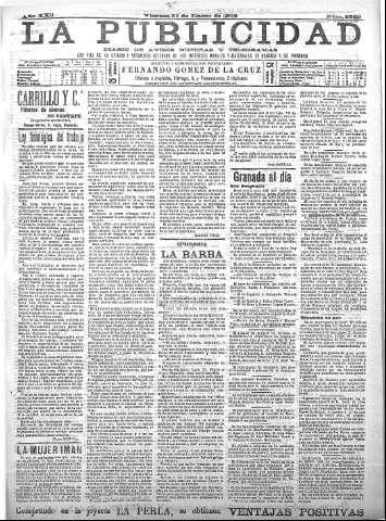 'La publicidad  : diario de avisos noticias y telegramas. Eco fiel de la opinión y verdadero defensor de los intereses morales y materiales de Granada y su provincia' - Año XXII Número 5559  - 1902 Enero 31