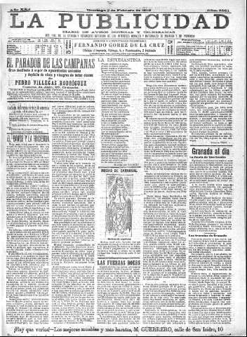 'La publicidad  : diario de avisos noticias y telegramas. Eco fiel de la opinión y verdadero defensor de los intereses morales y materiales de Granada y su provincia' - Año XXII Número 5561  - 1902 Febrero 02