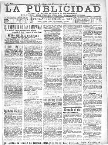 'La publicidad  : diario de avisos noticias y telegramas. Eco fiel de la opinión y verdadero defensor de los intereses morales y materiales de Granada y su provincia' - Año XXII Número 5567  - 1902 Febrero 09
