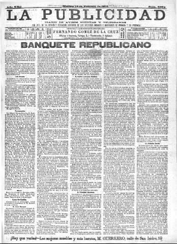 'La publicidad  : diario de avisos noticias y telegramas. Eco fiel de la opinión y verdadero defensor de los intereses morales y materiales de Granada y su provincia' - Año XXII Número 5574  - 1902 Febrero 18
