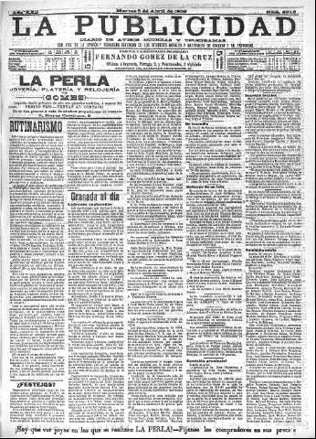 'La publicidad  : diario de avisos noticias y telegramas. Eco fiel de la opinión y verdadero defensor de los intereses morales y materiales de Granada y su provincia' - Año XXII Número 5616  - 1902 Abril 08
