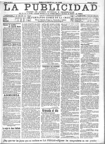 'La publicidad  : diario de avisos noticias y telegramas. Eco fiel de la opinión y verdadero defensor de los intereses morales y materiales de Granada y su provincia' - Año XXII Número 5641  - 1902 Mayo 08
