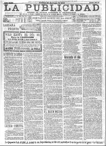 'La publicidad  : diario de avisos noticias y telegramas. Eco fiel de la opinión y verdadero defensor de los intereses morales y materiales de Granada y su provincia' - Año XXII Número 5678  - 1902 Junio 20