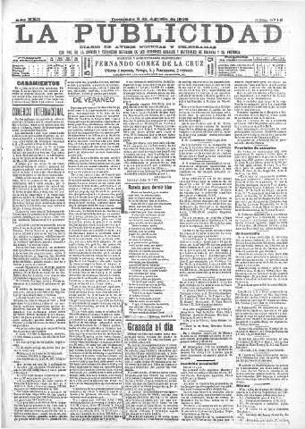 'La publicidad  : diario de avisos noticias y telegramas. Eco fiel de la opinión y verdadero defensor de los intereses morales y materiales de Granada y su provincia' - Año XXII Número 5715  - 1902 Agosto 03