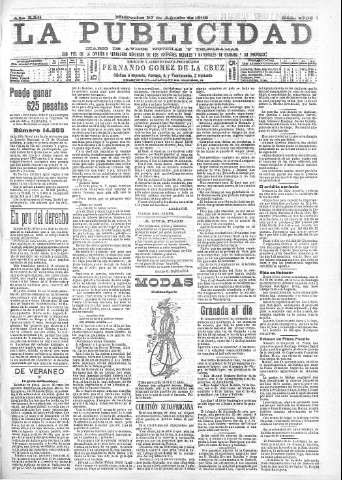 'La publicidad  : diario de avisos noticias y telegramas. Eco fiel de la opinión y verdadero defensor de los intereses morales y materiales de Granada y su provincia' - Año XXII Número 5735  - 1902 Agosto 27