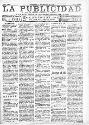 'La publicidad  : diario de avisos noticias y telegramas. Eco fiel de la opinión y verdadero defensor de los intereses morales y materiales de Granada y su provincia' - Año XXII Número 5743  - 1902 Septiembre 05