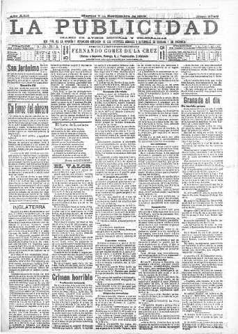 'La publicidad  : diario de avisos noticias y telegramas. Eco fiel de la opinión y verdadero defensor de los intereses morales y materiales de Granada y su provincia' - Año XXII Número 5746  - 1902 Septiembre 09