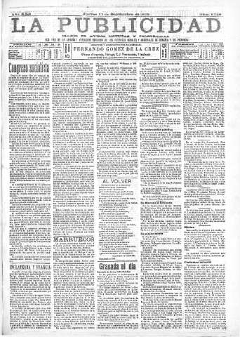 'La publicidad  : diario de avisos noticias y telegramas. Eco fiel de la opinión y verdadero defensor de los intereses morales y materiales de Granada y su provincia' - Año XXII Número 5748  - 1902 Septiembre 11