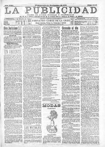 'La publicidad  : diario de avisos noticias y telegramas. Eco fiel de la opinión y verdadero defensor de los intereses morales y materiales de Granada y su provincia' - Año XXII Número 5758  - 1902 Septiembre 24