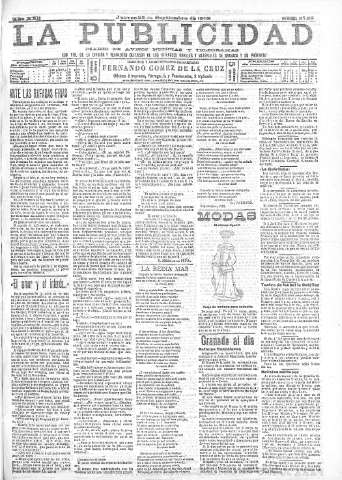 'La publicidad  : diario de avisos noticias y telegramas. Eco fiel de la opinión y verdadero defensor de los intereses morales y materiales de Granada y su provincia' - Año XXII Número 5759  - 1902 Septiembre 25