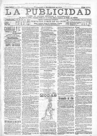'La publicidad  : diario de avisos noticias y telegramas. Eco fiel de la opinión y verdadero defensor de los intereses morales y materiales de Granada y su provincia' - Año XXII Número 5760  - 1902 Septiembre 26