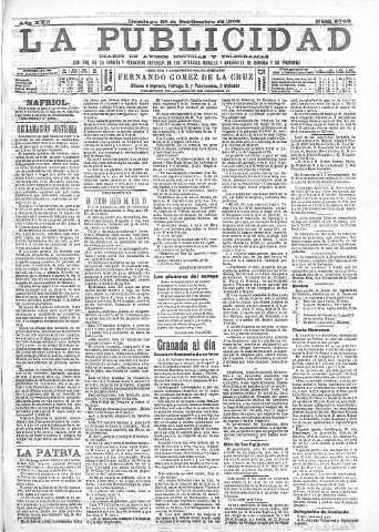 'La publicidad  : diario de avisos noticias y telegramas. Eco fiel de la opinión y verdadero defensor de los intereses morales y materiales de Granada y su provincia' - Año XXII Número 5762  - 1902 Septiembre 28