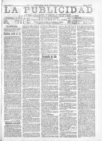 'La publicidad  : diario de avisos noticias y telegramas. Eco fiel de la opinión y verdadero defensor de los intereses morales y materiales de Granada y su provincia' - Año XXII Número 5776  - 1902 Octubre 15