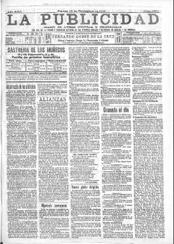 'La publicidad  : diario de avisos noticias y telegramas. Eco fiel de la opinión y verdadero defensor de los intereses morales y materiales de Granada y su provincia' - Año XXII Número 5801  - 1902 Noviembre 13