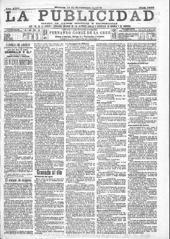 'La publicidad  : diario de avisos noticias y telegramas. Eco fiel de la opinión y verdadero defensor de los intereses morales y materiales de Granada y su provincia' - Año XXII Número 5805  - 1902 Noviembre 18