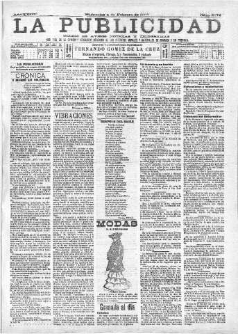 'La publicidad  : diario de avisos noticias y telegramas. Eco fiel de la opinión y verdadero defensor de los intereses morales y materiales de Granada y su provincia' - Año XXIII Número 5872  - 1903 Febrero 04