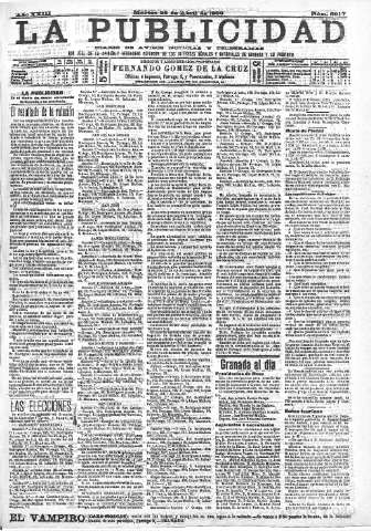 'La publicidad  : diario de avisos noticias y telegramas. Eco fiel de la opinión y verdadero defensor de los intereses morales y materiales de Granada y su provincia' - Año XXIII Número 5917  - 1903 Abril 28
