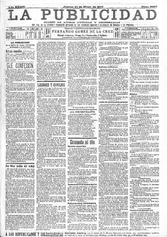 'La publicidad  : diario de avisos noticias y telegramas. Eco fiel de la opinión y verdadero defensor de los intereses morales y materiales de Granada y su provincia' - Año XXIII Número 5936  - 1903 Mayo 21