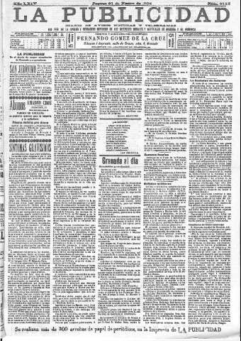 'La publicidad  : diario de avisos noticias y telegramas. Eco fiel de la opinión y verdadero defensor de los intereses morales y materiales de Granada y su provincia' - Año XXIV Número 6145  - 1904 Enero 21