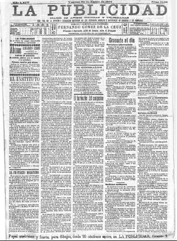 'La publicidad  : diario de avisos noticias y telegramas. Eco fiel de la opinión y verdadero defensor de los intereses morales y materiales de Granada y su provincia' - Año XXIV Número 6152  - 1904 Enero 29