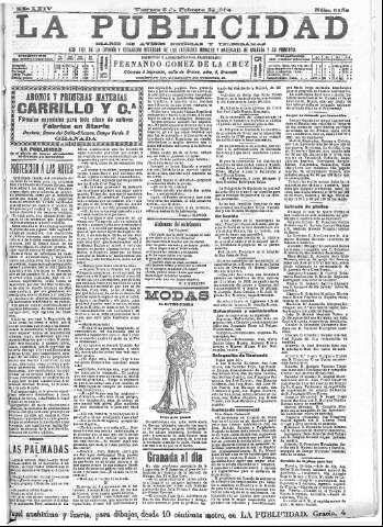 'La publicidad  : diario de avisos noticias y telegramas. Eco fiel de la opinión y verdadero defensor de los intereses morales y materiales de Granada y su provincia' - Año XXIV Número 6158  - 1904 Febrero 05
