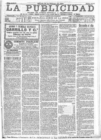 'La publicidad  : diario de avisos noticias y telegramas. Eco fiel de la opinión y verdadero defensor de los intereses morales y materiales de Granada y su provincia' - Año XXIV Número 6171  - 1904 Febrero 20