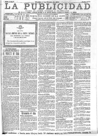 'La publicidad  : diario de avisos noticias y telegramas. Eco fiel de la opinión y verdadero defensor de los intereses morales y materiales de Granada y su provincia' - Año XXIV Número 6179  - 1904 Marzo 01