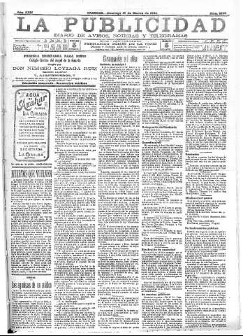 'La publicidad  : diario de avisos noticias y telegramas. Eco fiel de la opinión y verdadero defensor de los intereses morales y materiales de Granada y su provincia' - Año XXIV Número 6190  - 1904 Marzo 13