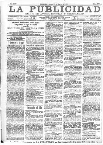 'La publicidad  : diario de avisos noticias y telegramas. Eco fiel de la opinión y verdadero defensor de los intereses morales y materiales de Granada y su provincia' - Año XXIV Número 6193  - 1904 Marzo 17