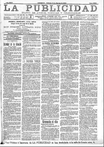 'La publicidad  : diario de avisos noticias y telegramas. Eco fiel de la opinión y verdadero defensor de los intereses morales y materiales de Granada y su provincia' - Año XXIV Número 6195  - 1904 Marzo 19