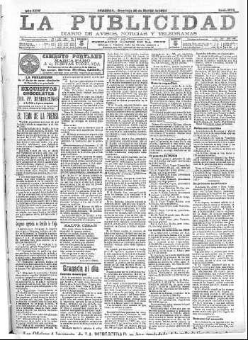 'La publicidad  : diario de avisos noticias y telegramas. Eco fiel de la opinión y verdadero defensor de los intereses morales y materiales de Granada y su provincia' - Año XXIV Número 6196  - 1904 Marzo 20