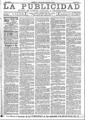 'La publicidad  : diario de avisos noticias y telegramas. Eco fiel de la opinión y verdadero defensor de los intereses morales y materiales de Granada y su provincia' - Año XXIV Número 6197  - 1904 Marzo 22
